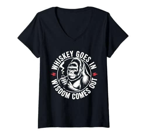 Damen Lustiger Spruch Whiskey Goes In Wisdom Comes Out Frauen Männer T-Shirt mit V-Ausschnitt Damen Lustiger Spruch Whiskey Goes In Wisdom Comes Out Frauen Männer T-Shirt mit V-Ausschnitt von Novelty Gorilla Drinking Humor Sarcasm Ape