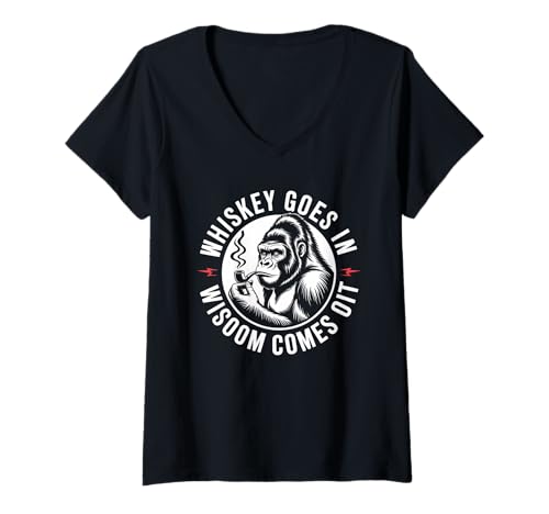 Damen Lustiger Spruch Whiskey Goes In Wisdom Comes Out Frauen Männer T-Shirt mit V-Ausschnitt von Novelty Gorilla Drinking Humor Sarcasm Ape