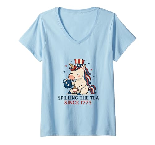 Damen Funny Unicorn 4th Of July Spilling The Tea Since 1773 Party T-Shirt mit V-Ausschnitt Damen Funny Unicorn 4th Of July Spilling The Tea Since 1773 Party T-Shirt mit V-Ausschnitt von Novelty July Fourth Patriotic America Stuff