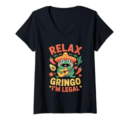 Damen Lustiger Spruch Relax I'm Legal Mexican Frosch Poncho Damen Herren T-Shirt mit V-Ausschnitt von Novelty Latino Fiesta Frog Joke Meme Mexico Gag
