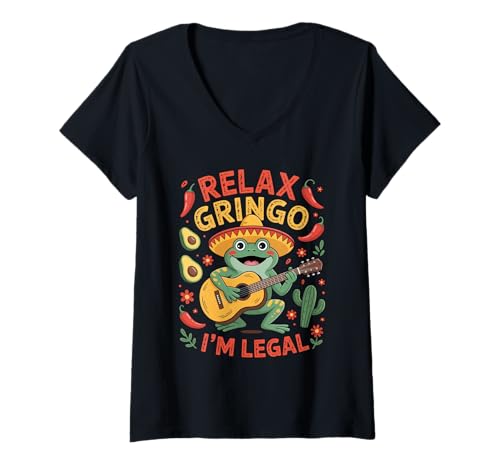 Damen Lustiger Spruch Relax I'm Legal Mexican Frosch Poncho Damen Herren T-Shirt mit V-Ausschnitt von Novelty Latino Fiesta Frog Joke Meme Mexico Gag