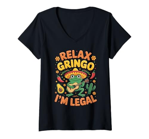Damen Lustiger Spruch Relax I'm Legal Mexican Frosch Poncho Damen Herren T-Shirt mit V-Ausschnitt von Novelty Latino Fiesta Frog Joke Meme Mexico Gag