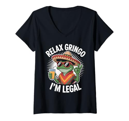 Damen Lustiger Spruch Relax I'm Legal Mexican Frosch Poncho Damen Herren T-Shirt mit V-Ausschnitt von Novelty Latino Fiesta Frog Joke Meme Mexico Gag