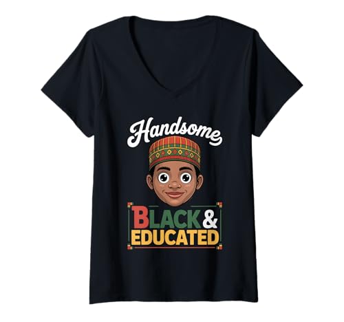 Damen Lustiger schwarzer Junge mit Aufschrift Handsome Smart Educated Women Men T-Shirt mit V-Ausschnitt von Novelty Melanin Youth Culture Learning Powerful