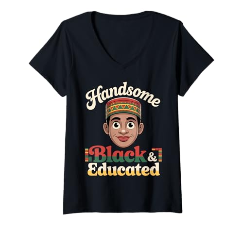 Damen Lustiger schwarzer Junge mit Aufschrift Handsome Smart Educated Women Men T-Shirt mit V-Ausschnitt von Novelty Melanin Youth Culture Learning Powerful