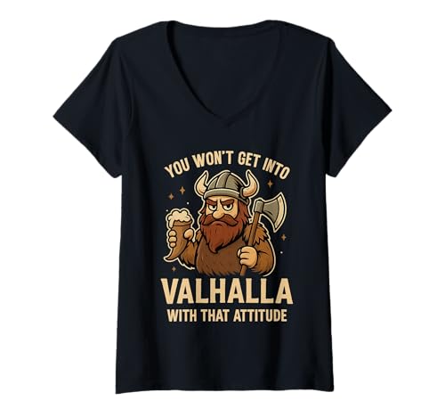 Damen Lustiger Wikinger Valhalla nordische Mythologie Humor für Männer T-Shirt mit V-Ausschnitt von Novelty Norse Valheim Meme Merch Tees And Stuff