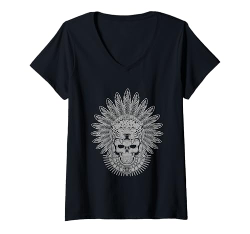 Damen Maya Indigene Jaguar Warrior Aztec Mexican Heritage T-Shirt mit V-Ausschnitt von Novelty Stuff By Del
