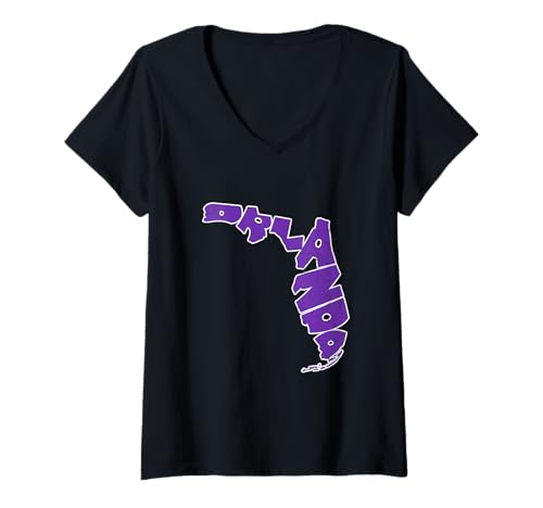 Damen Orlando Letters Inside Florida State Map Familienurlaub T-Shirt mit V-Ausschnitt von Novelty Stuff By Del