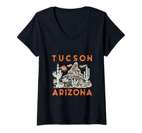 Damen Tucson Arizona Südwestlicher Kaktus Wüstenlandschaft Vintage T-Shirt mit V-Ausschnitt von Novelty Stuff By Del