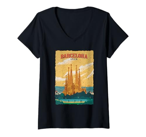 Damen Vintage Sagrada Familia Barcelona Spanien Reiseposter T-Shirt mit V-Ausschnitt von Novelty Stuff By Del
