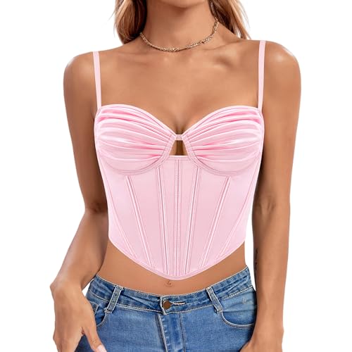 Novia's Choice Damen Slim Fit Boned Korsett Crop Top Spaghettiträger Cut Out Bustier Weste, Seidiges Hellrosa, Small von Novia's Choice