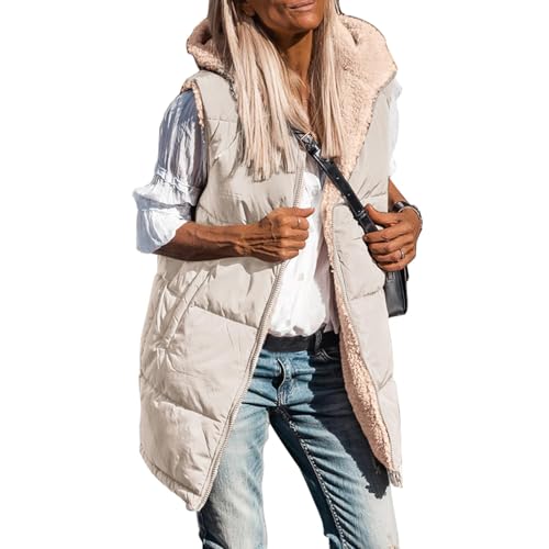 Novlewign Damen Weste Lang mit Kapuze Reversibel Steppweste Fleeceweste Warme Winterjacke Freizeit Ärmellos Reissverschluss Longweste mit Taschen Übergangsweste Thermo Gefüttert Winterweste von Novlewign
