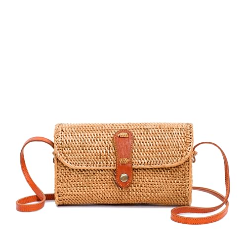 Novum Crafts Runde Rattan-Tasche für Damen – handgefertigte Ata Flechtbörse – Kreis, quadratisch, oval, brauner Stroh-Boho-Tasche, 8” x 3" (20,3 cm x 7,6 cm) von Novum Crafts