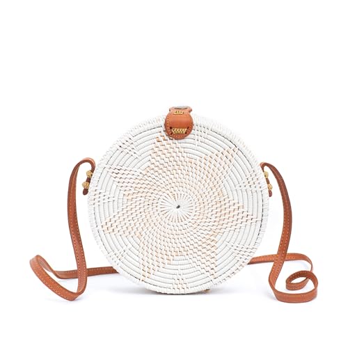 Novum Crafts Rattan-Taschen für Frauen – handgefertigte geflochtene Korbbörse, Handtasche, Kreis, Boho-Tasche, Bali, weiß, Diameter: 7 3/4” (20 cm) von Novum Crafts