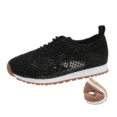 Atmungsaktive Damen-Schnürschuhe, Netzstoff, Freizeitschuhe, hohl, florale Spitze, atmungsaktiv, flache Sneaker, Schnürschuhe, flache Schuhe, Schwarz , 39 EU von Novxrwn