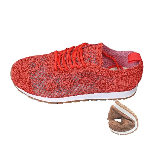 Atmungsaktive Damen-Schnürschuhe, Netzstoff, Freizeitschuhe, hohl, florale Spitze, atmungsaktiv, flache Sneaker, Schnürschuhe, flache Schuhe, rot, 39 EU Atmungsaktive Damen-Schnürschuhe, Netzstoff, Freizeitschuhe, hohl, florale Spitze, atmungsaktiv, flache Sneaker, Schnürschuhe, flache Schuhe, rot, 39 EU von Novxrwn