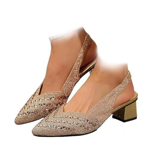 Damen Mode Strass High Heel Chunky Heel Sandalen Slingback Spitz Zehen Low Heels Blockabsatz Hochzeit Party Kleid Pumps mit elastischen Schnürsenkeln, gold, 39.5 EU Damen Mode Strass High Heel Chunky Heel Sandalen Slingback Spitz Zehen Low Heels Blockabsatz Hochzeit Party Kleid Pumps mit elastischen Schnürsenkeln, gold, 39.5 EU von Novxrwn