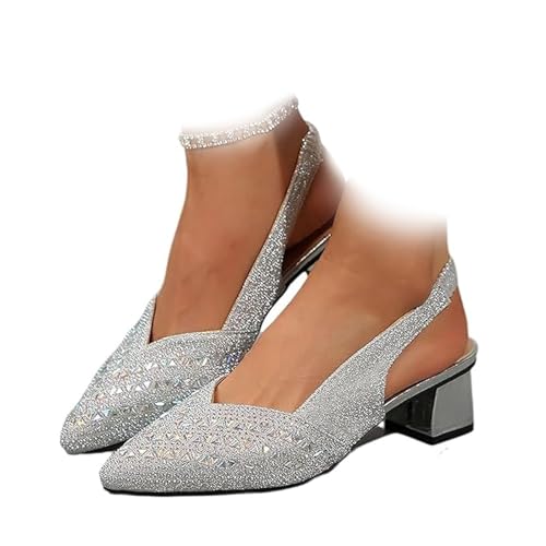 Damen Mode Strass High Heel Chunky Heel Sandalen Slingback Spitz Zehen Low Heels Blockabsatz Hochzeit Party Kleid Pumps mit elastischen Schnürsenkeln, silber, 36.5 EU von Novxrwn