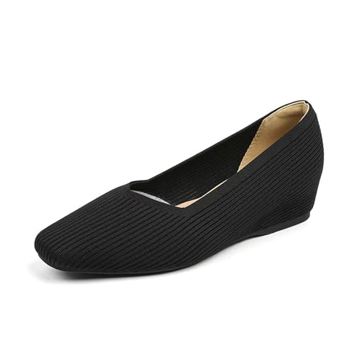 Flache Schuhe für Damen, gestrickt, quadratisch, zum Hineinschlüpfen, weiche Unterseite, Innenhöhe, Anzugschuhe, gestrickt, niedriger Keilabsatz, V-Mund, tägliche Arbeit, Walking, flache Schuhe von Novxrwn