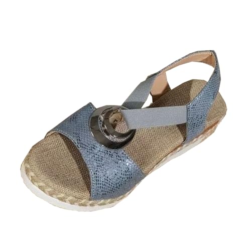 Novxrwn Damen Leder Plateau Keil Orthopädische Sandalen Arch Support Sandalen für Frauen Metallschnalle Verziert Hanfseil Keilabsatz Sandalen, blau, 38 EU von Novxrwn