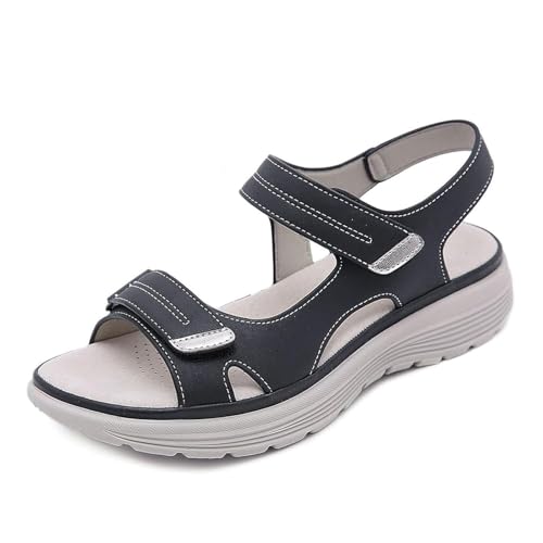 Novxrwn Ergoliva Orthopädische Sandalen für Damen, weite Passform, leicht, lässig, orthopädisch, Outdoor, Walking, Keilsandalen, einfarbig, Fußgewölbeunterstützung, Strandschuhe, Schwarz , 44 EU von Novxrwn