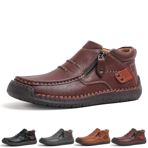 Novxrwn Handgefertigte Premium-Leder-Schlupfstiefel für Herren für Reisen und Outdoor, Fahrstiefel, Herren, Schlupfstiefel für Herren im Freien, braun, Medium von Novxrwn