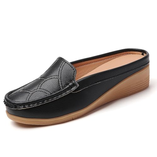 Pantoletten für Damen, rückenfrei, Schlupfschuh, Leder, rückenfrei, lässig, einfarbig, weite Passform, geschlossene Zehen, Wandersandalen, Schwarz , 42.5 EU von Novxrwn