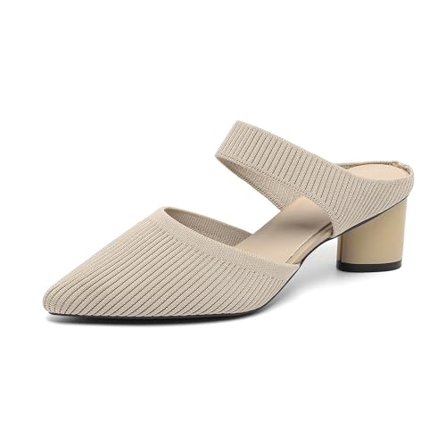 Pantoletten für Damen, weite Passform, gestrickt, spitzer Zehenbereich, klobiger Absatz, atmungsaktiv, geschlossener Zehenbereich, rückenfrei, Blockabsatz, Slipper, elegante Pumps, beige, 38 EU Pantoletten für Damen, weite Passform, gestrickt, spitzer Zehenbereich, klobiger Absatz, atmungsaktiv, geschlossener Zehenbereich, rückenfrei, Blockabsatz, Slipper, elegante Pumps, beige, 38 EU von Novxrwn