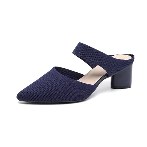 Pantoletten für Damen, weite Passform, gestrickt, spitzer Zehenbereich, klobiger Absatz, atmungsaktiv, geschlossener Zehenbereich, rückenfrei, Blockabsatz, Slipper, elegante Pumps, blau, 38 EU von Novxrwn