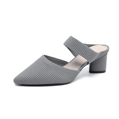 Pantoletten für Damen, weite Passform, gestrickt, spitzer Zehenbereich, klobiger Absatz, atmungsaktiv, geschlossener Zehenbereich, rückenfrei, Blockabsatz, Slipper, elegante Pumps, grau, 38 EU Pantoletten für Damen, weite Passform, gestrickt, spitzer Zehenbereich, klobiger Absatz, atmungsaktiv, geschlossener Zehenbereich, rückenfrei, Blockabsatz, Slipper, elegante Pumps, grau, 38 EU von Novxrwn