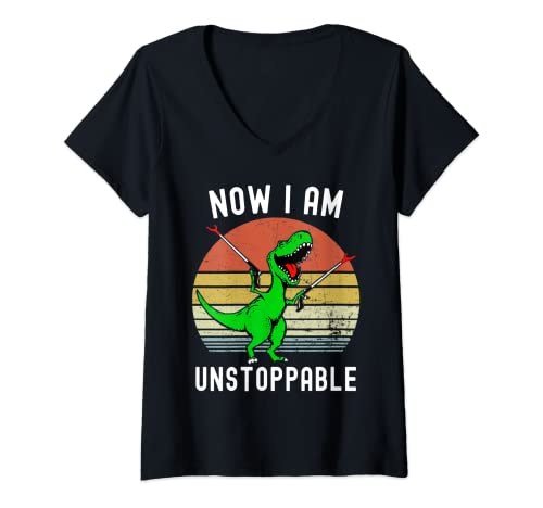 Damen Retro Vintage Now I Am Unstoppable Trex Lustiger T-Rex T-Shirt mit V-Ausschnitt Damen Retro Vintage Now I Am Unstoppable Trex Lustiger T-Rex T-Shirt mit V-Ausschnitt von Now I Am Unstoppable Trex