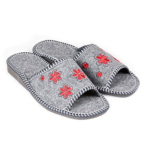 Nowo Damen Sommer Winter Filz Hausschuhe Pantoffeln Pantoletten mit Rote Blumen Bequemes Tragegefühl 36 von Nowo