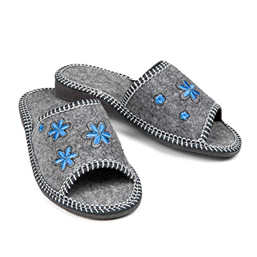 Nowo Damen Sommer Winter Filz Hausschuhe Pantoffeln Pantoletten mit blaue Blumen Bequemes Tragegefühl 38 von Nowo