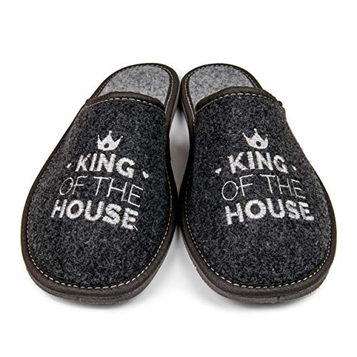 Nowo Herren Hausschuhe Filz Pantoffeln Grau Pantoletten geschlossen King of the House Bequemes Tragegefühl Filzpantoffel Männer Hausschlappen 44 von Nowo
