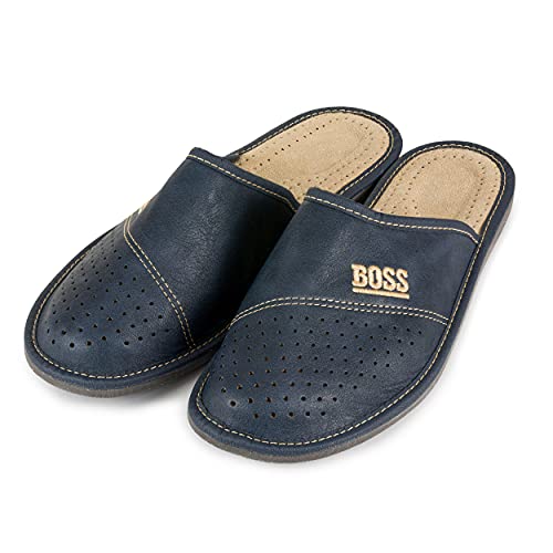 Nowo Herren Hausschuhe aus Leder Pantoffeln Dunkelblau Pantoletten Boss Bequemes Tragegefühl Lederpantoffel Männer Hausschlappen 41 von Nowo