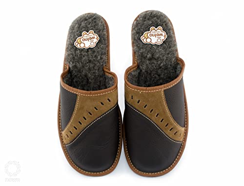 Nowo Slipper Herren Hausschuhe Leder Wolle Pantoffeln Pantoletten Wärme Lederpantoffel mit Print Men Männer Hausschlappen rutschfeste Männer Schuhe 43 von Nowo