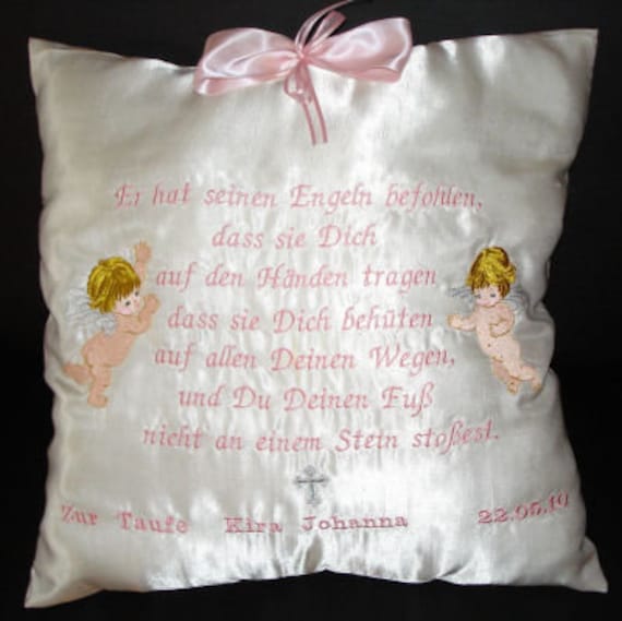Taufkissen Mit Spruch, Daten Und Engeln Bestickt von Nowodesign