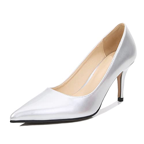 Nqpnrl Damen Pu-Leder Spitzenschuh Großgrößen High Heels für Arbeit und Hochzeit Silber EU36.5 von Nqpnrl