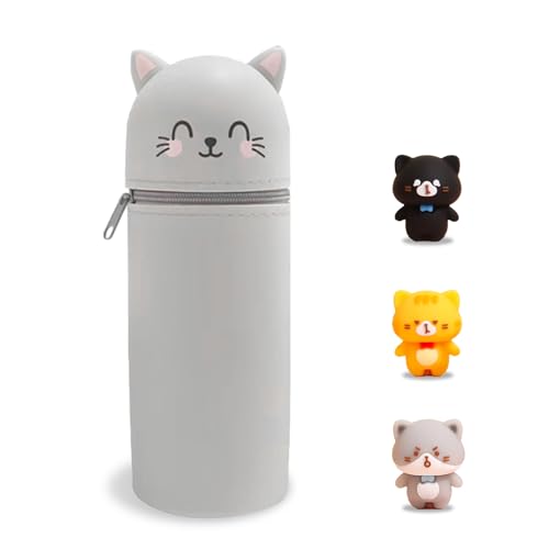Nsawtasche Kawaii 2-in-1 Silikon Federmäppchen mit Spielzeug - Weiches hautfreundliches Material, Stand-Up Design Tier Cartoon, Reißverschluss, Schulbedarf für Kinder (Graue Katze) von Nsawtasche