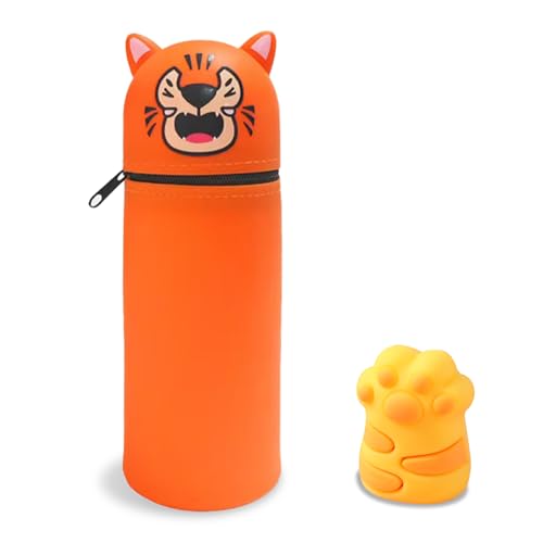 Kawaii Federmäppchen，2 in 1 Weiche Silikontasche，mäppchen,Stand Up Federmäppchen,Tier Stifthalter, Cartoon，Reißverschluss, niedlicher Schulbedarf ，Bleistifttasche Mädchen Junge (Tiger) von Nsawtasche