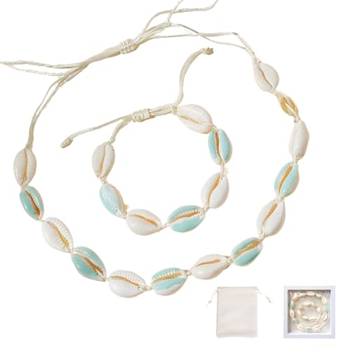 Nsawtasche 2 Stück Muschelkette Halskette Set - Verstellbare Naturmuschel-Ketten für Damen & Herren, ideal für Strandurlaub und Meeresthema (blau) von Nsawtasche