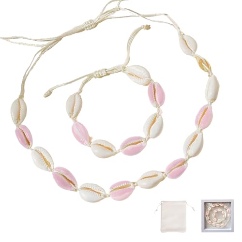 Nsawtasche 2 Stück Muschelkette Halskette Set - Verstellbare Naturmuschel-Ketten für Damen & Herren, ideal für Strandurlaub und Meeresthema (rosa) von Nsawtasche