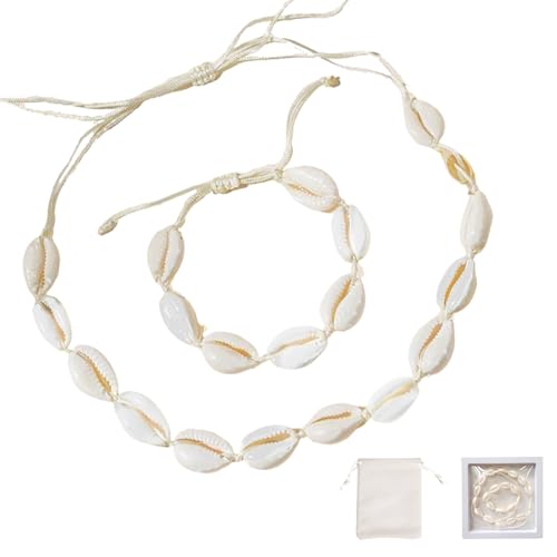Nsawtasche 2 Stück Verstellbares muschelkette Set，Natürliche muschel armband damen，muschelkette herren，muschel kette für Urlaub am Meer (weiß) von Nsawtasche