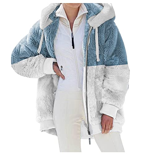 Nsercvb Fleecejacke Damen, Winterjacke Teddy Fleece Mantel Warm Gefüttert Winter Kapuzenpullover Flauschig Plüschjacke Sweatshirt mit Kapuze und Taschen Reißverschluss Oversize, D3-white, XXL von Nsercvb