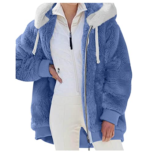 Nsercvb Fleecejacke Damen, Winterjacke Teddy Fleece Mantel Warm Gefüttert Winter Kapuzenpullover Flauschig Plüschjacke Sweatshirt mit Kapuze und Taschen Reißverschluss Oversize, F1-blau, XL von Nsercvb