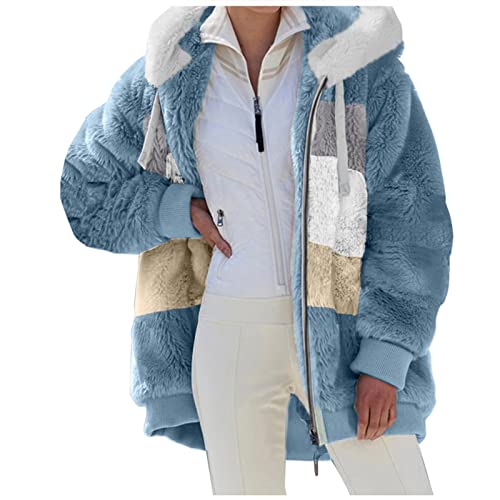 Nsercvb Fleecejacke Damen, Winterjacke Teddy Fleece Mantel Warm Gefüttert Winter Kapuzenpullover Flauschig Plüschjacke Sweatshirt mit Kapuze und Taschen Reißverschluss Oversize, F2 Blau, XXL von Nsercvb