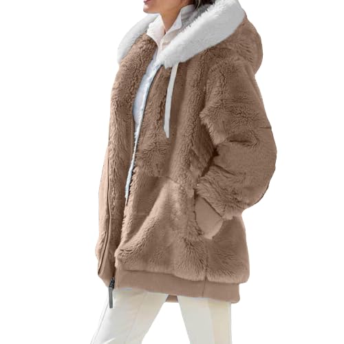 Nsercvb Fleecejacke Damen, Winterjacke Teddy Fleece Mantel Warm Gefüttert Winter Kapuzenpullover Flauschig Plüschjacke Sweatshirt mit Kapuze und Taschen Reißverschluss Oversize, G1-Khaki, XL von Nsercvb