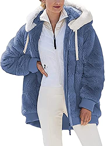 Nsercvb Fleecejacke Damen, Winterjacke Teddy Mantel Warm Winter Kapuzenpullover Flauschig Sweatshirt mit Kapuze und Taschen Oversize, 4XL, B2-blue von Nsercvb
