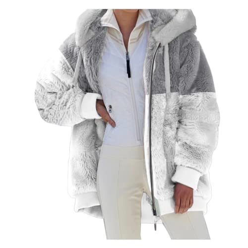 Nsercvb Fleecejacke Damen, Winterjacke Teddy Mantel Warm Winter Kapuzenpullover Flauschig Sweatshirt mit Kapuze und Taschen Oversize, 5XL, B8-gray von Nsercvb