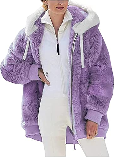 Nsercvb Fleecejacke Damen, Winterjacke Teddy Fleece Mantel Warm Gefüttert Winter Kapuzenpullover Flauschig Plüschjacke Sweatshirt mit Kapuze und Taschen Reißverschluss Oversize, B3-purple, 5XL von Nsercvb